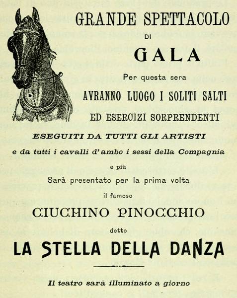 GRANDE SPETTACOLO DI GALA - Per questa sera AVRANNO LUOGO I SOLITI SALTI ED ESERCIZI SORPRENDENTI ESEGUITI DA TUTTI GLI ARTISTI e da tutti i cavalli d'ambo i sessi della Compagnia e pi� - Sar� presentato per la prima volta il famoso CIUCHINO PINOCCHIO detto LA STELLA DELLA DANZA - Il teatro sar� illuminato a giorno